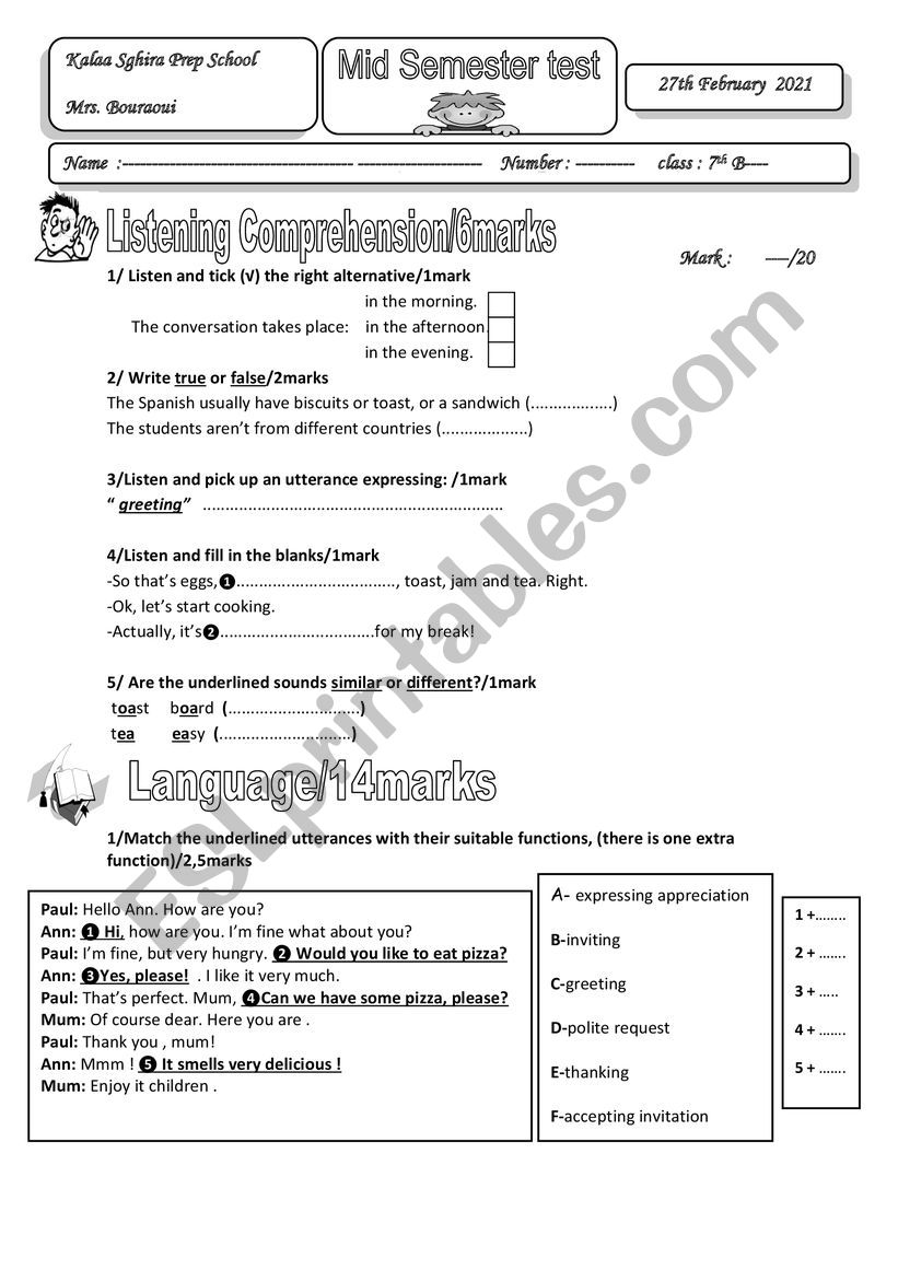 mid semester test 7th worksheet