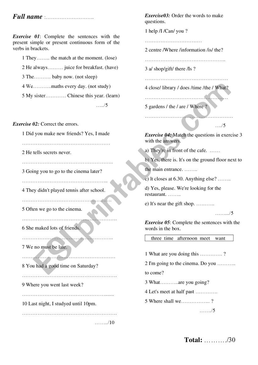 a1 level revision exercises worksheet