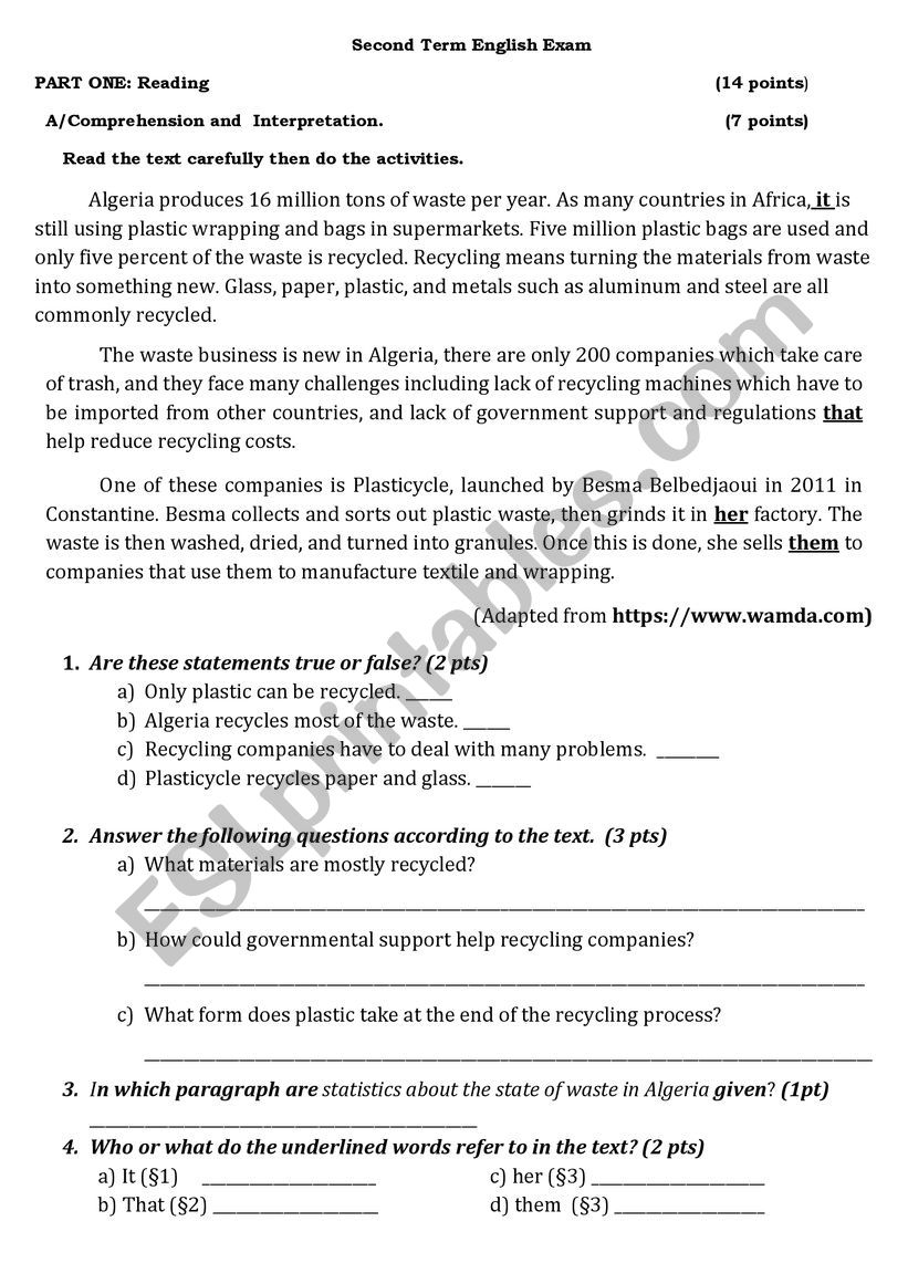 recycling worksheet