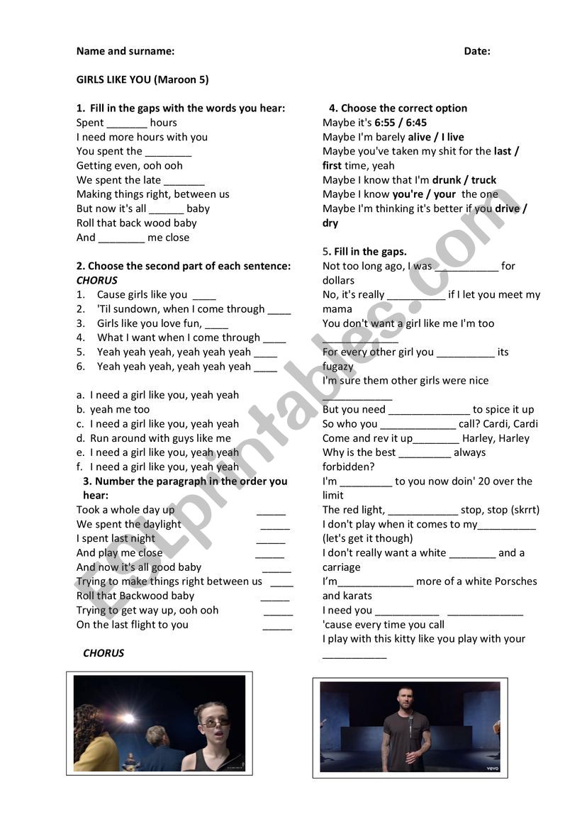 GIRLS LIKE YOU (MAROON 5)  worksheet