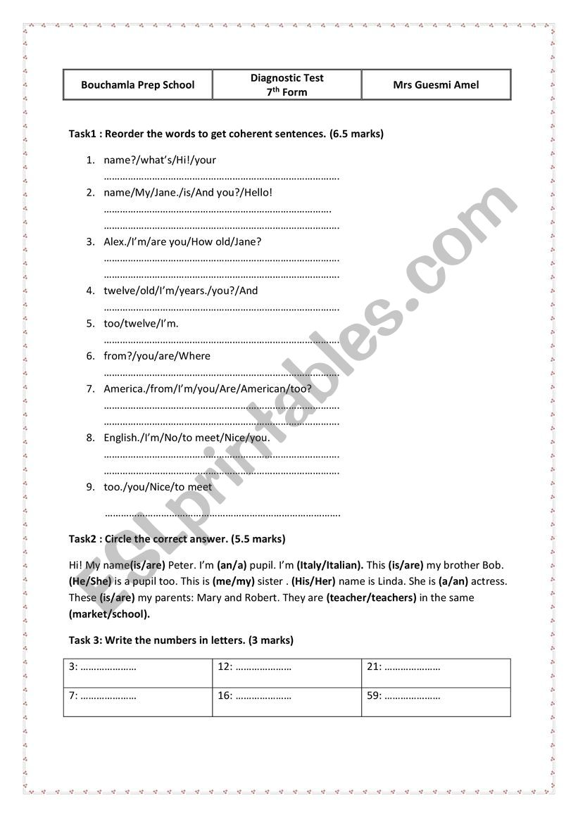diagnostic test seventh form worksheet