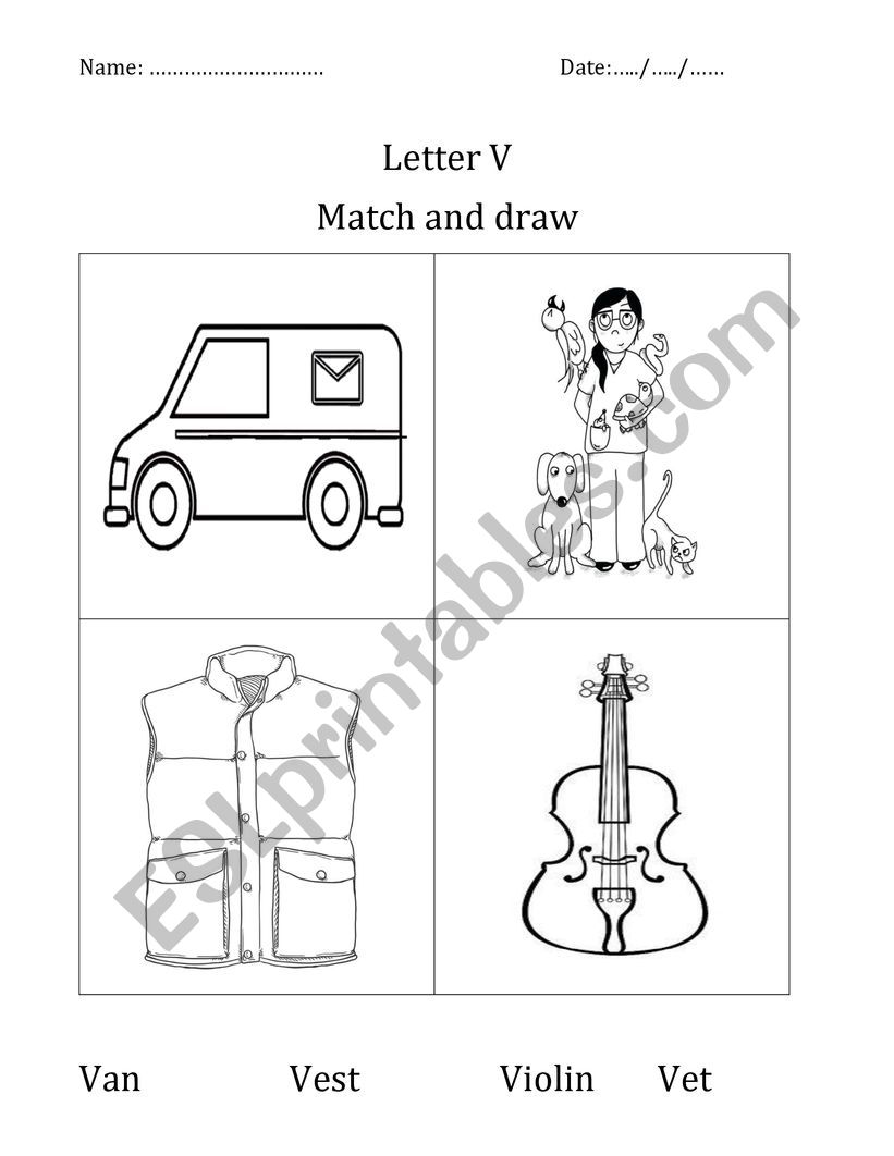 Letter V match and color worksheet