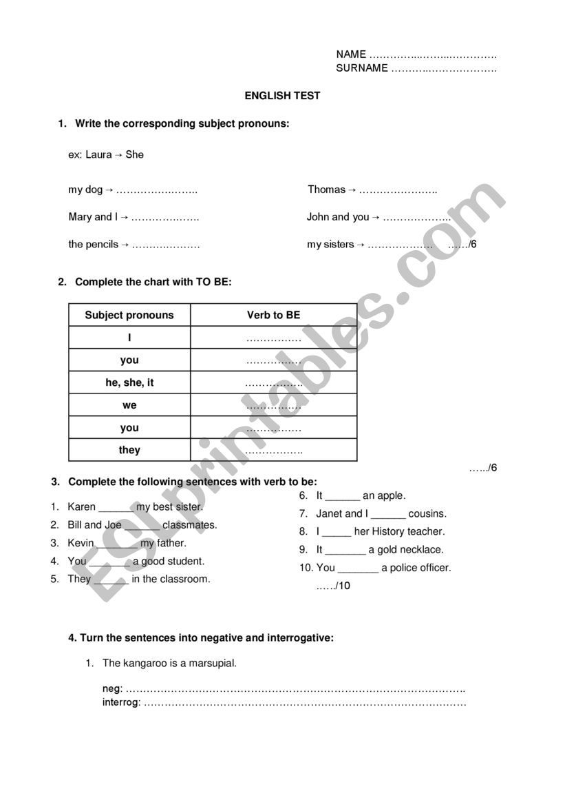 English test for elementary students