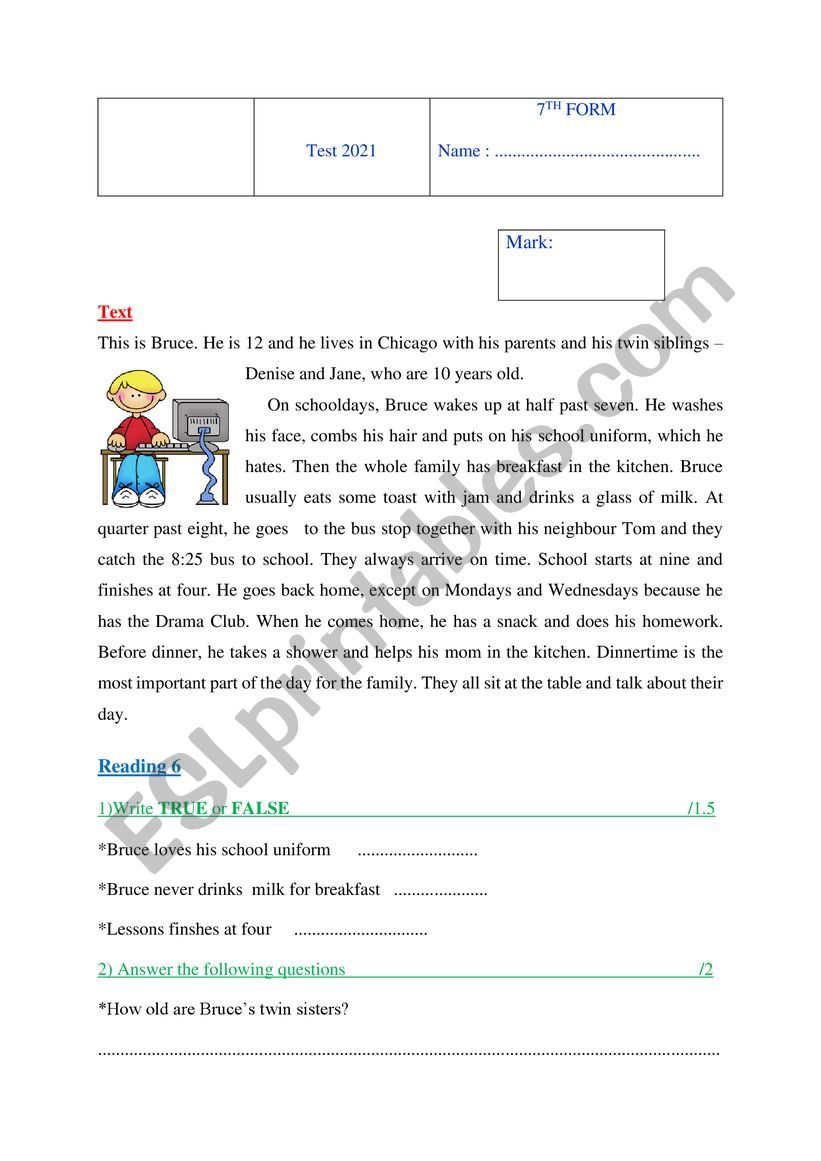 reading comprehension test 7th form (TUNISIAN students)