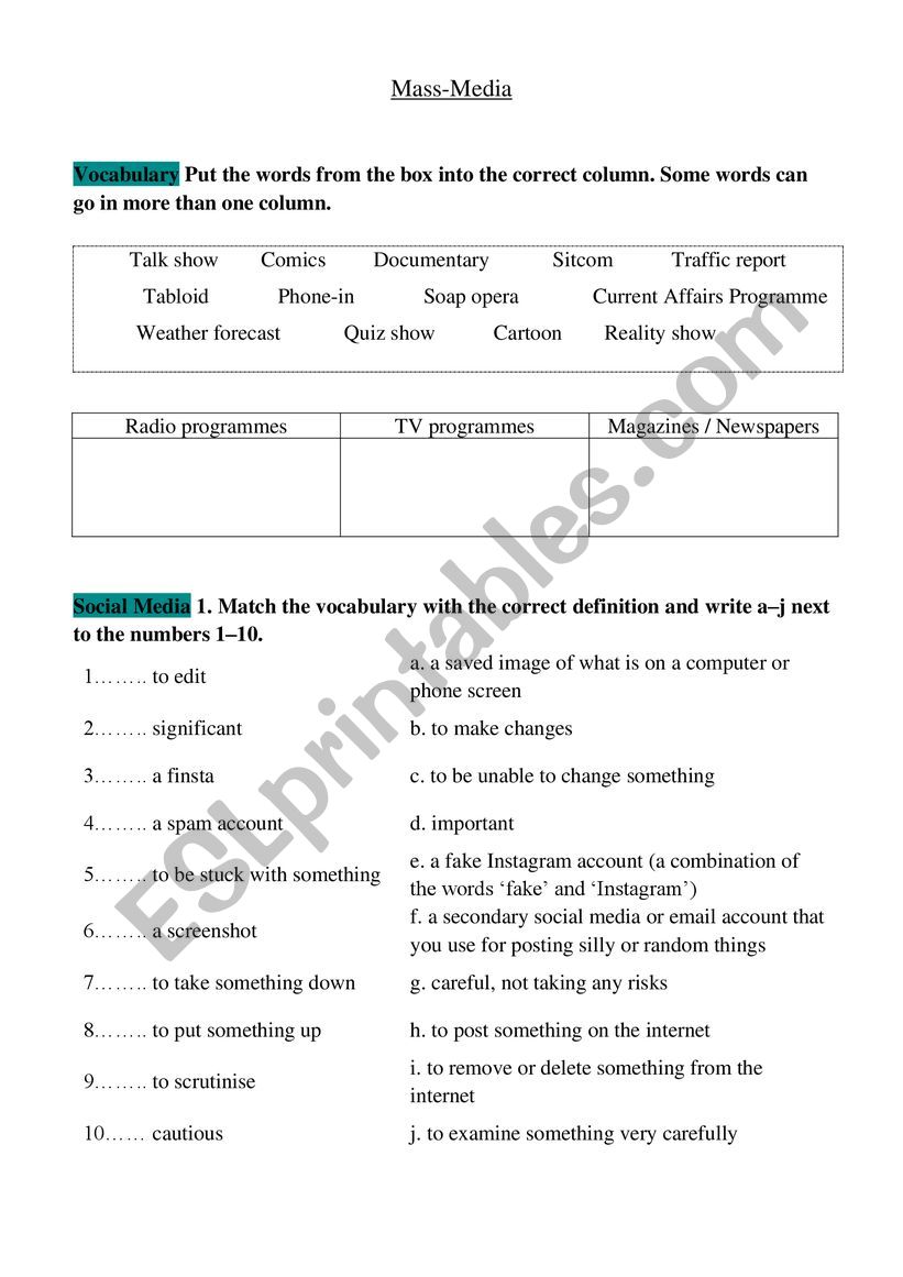 Mass-Media worksheet