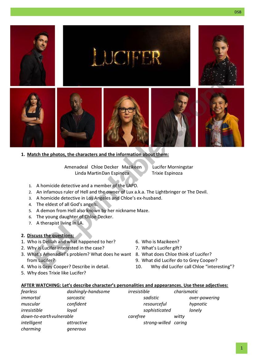 Lucifer - PILOT EPISODE worksheet