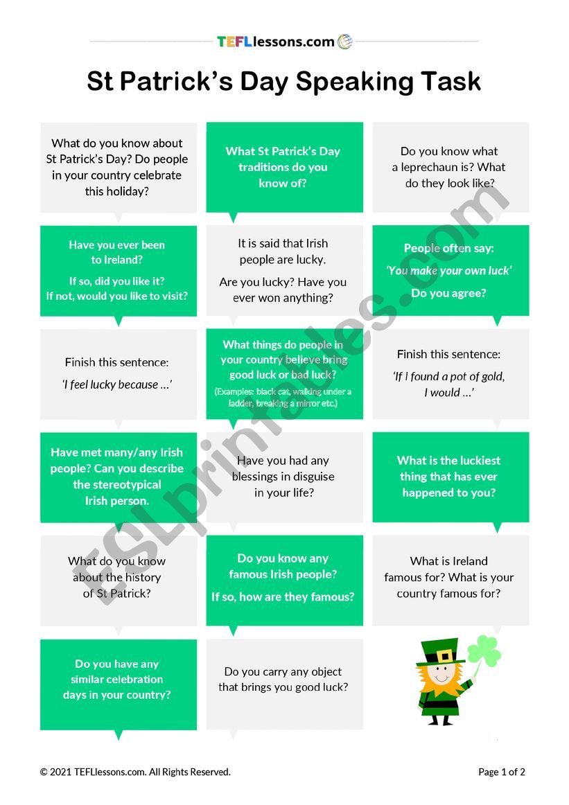St Patricks Day Speaking Task worksheet