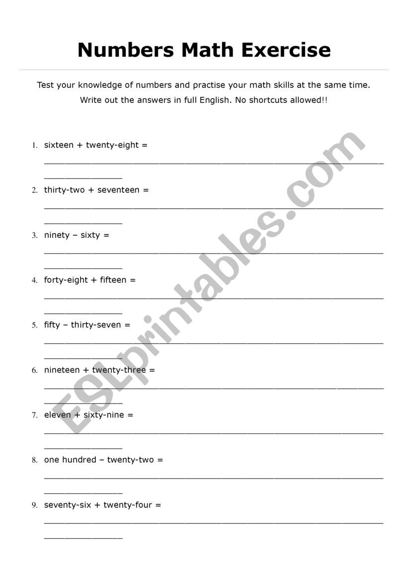 Numbers Math Exercise worksheet