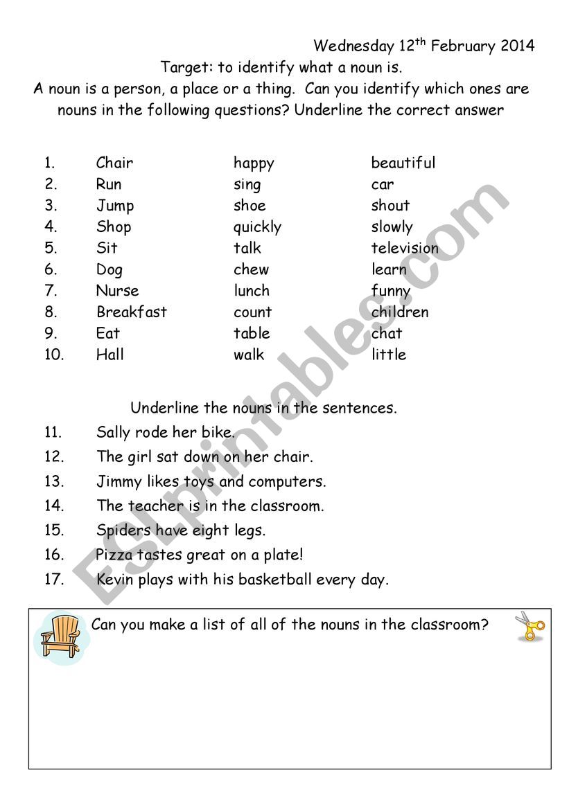 What is the noun worksheet