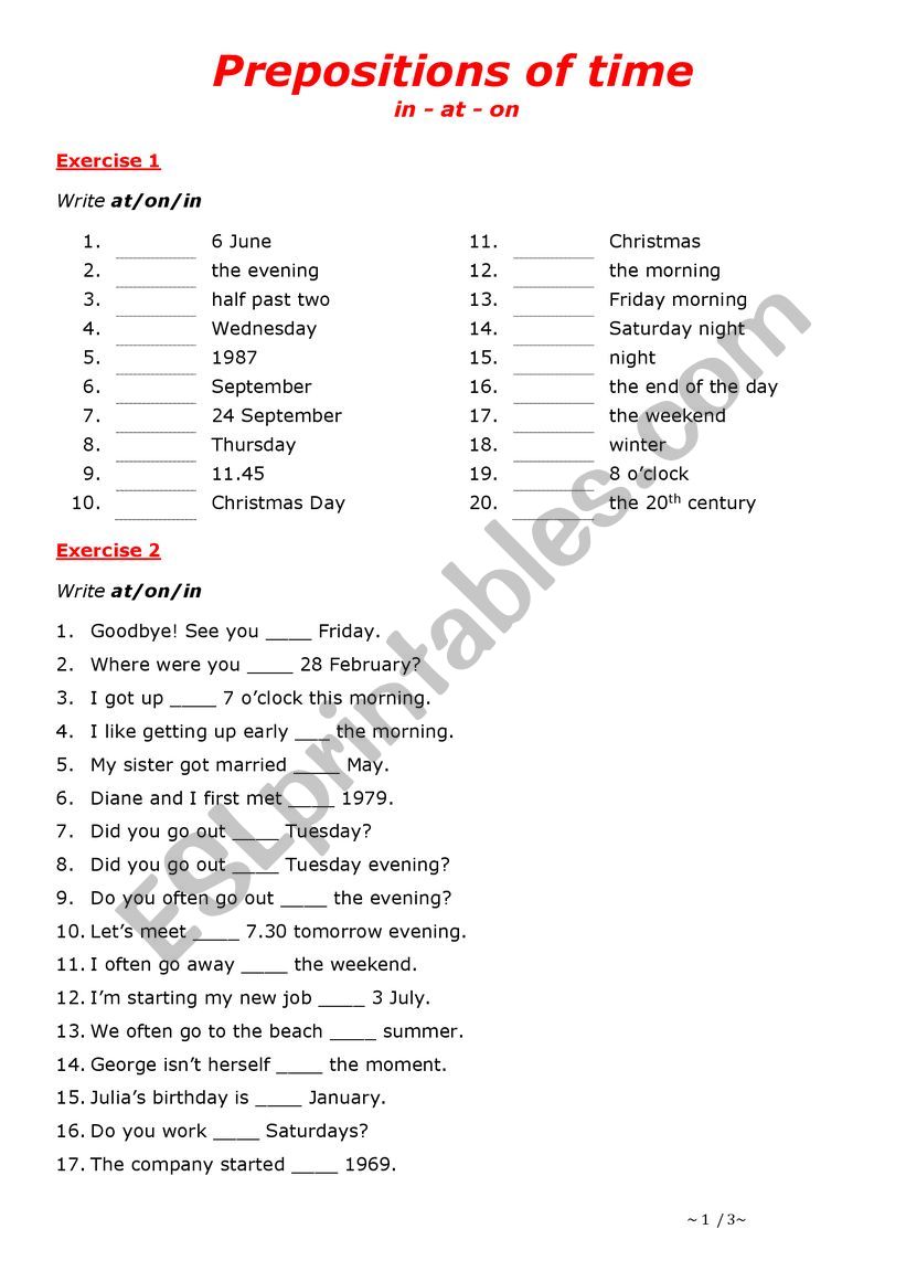 Prepositions of time in, at, on