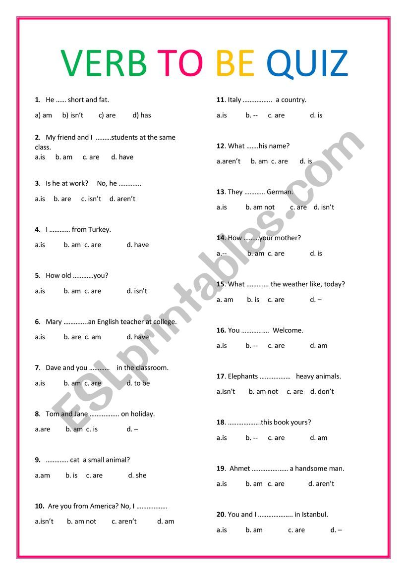 Verb to be Quiz worksheet