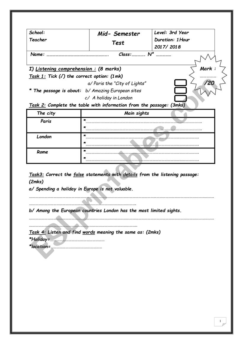 Mid Semester Test 3rd year Tunisian