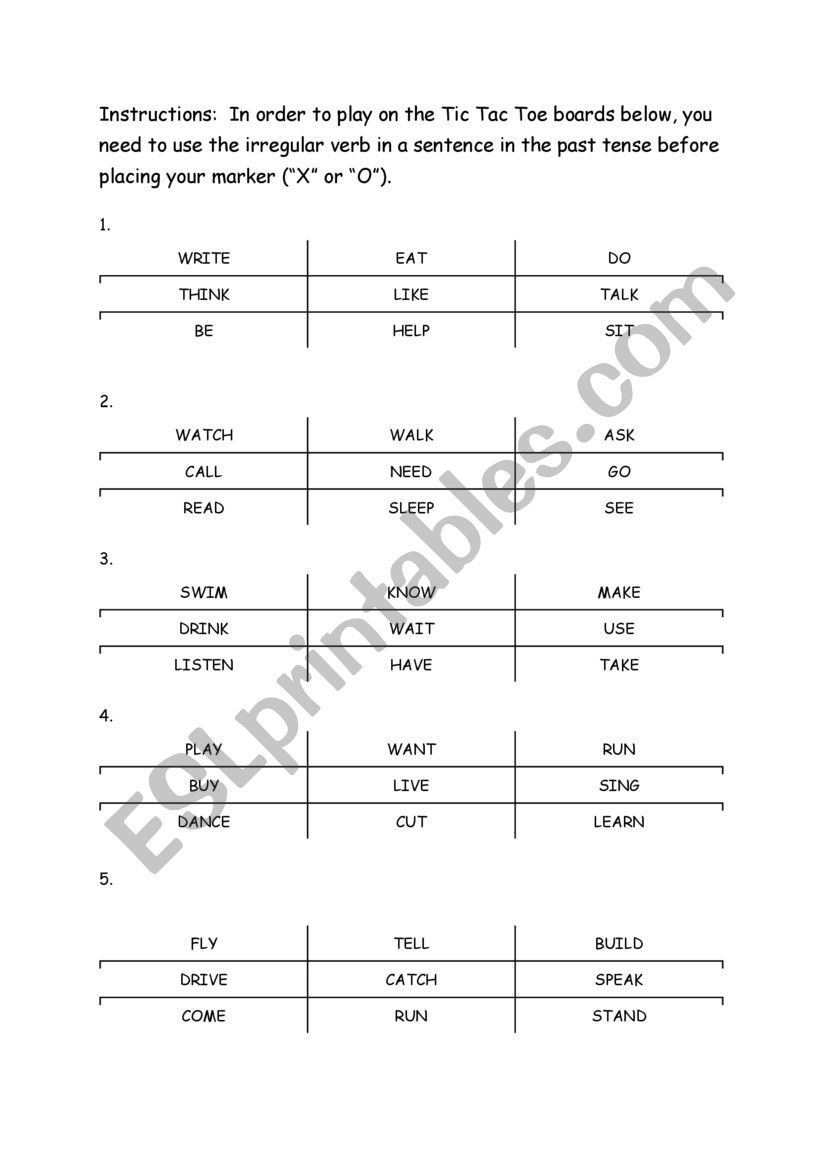 Irregular Verb Tic Tac Toe worksheet