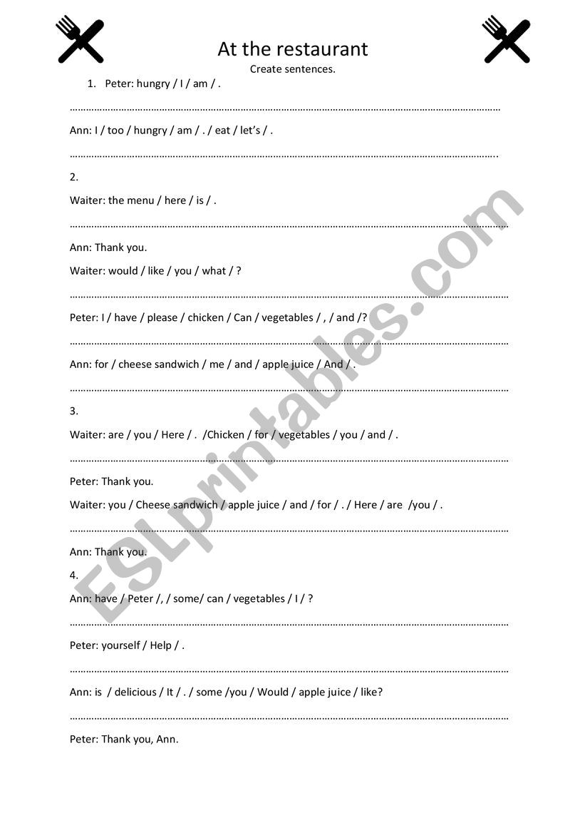 At the restaurant - dialogue worksheet