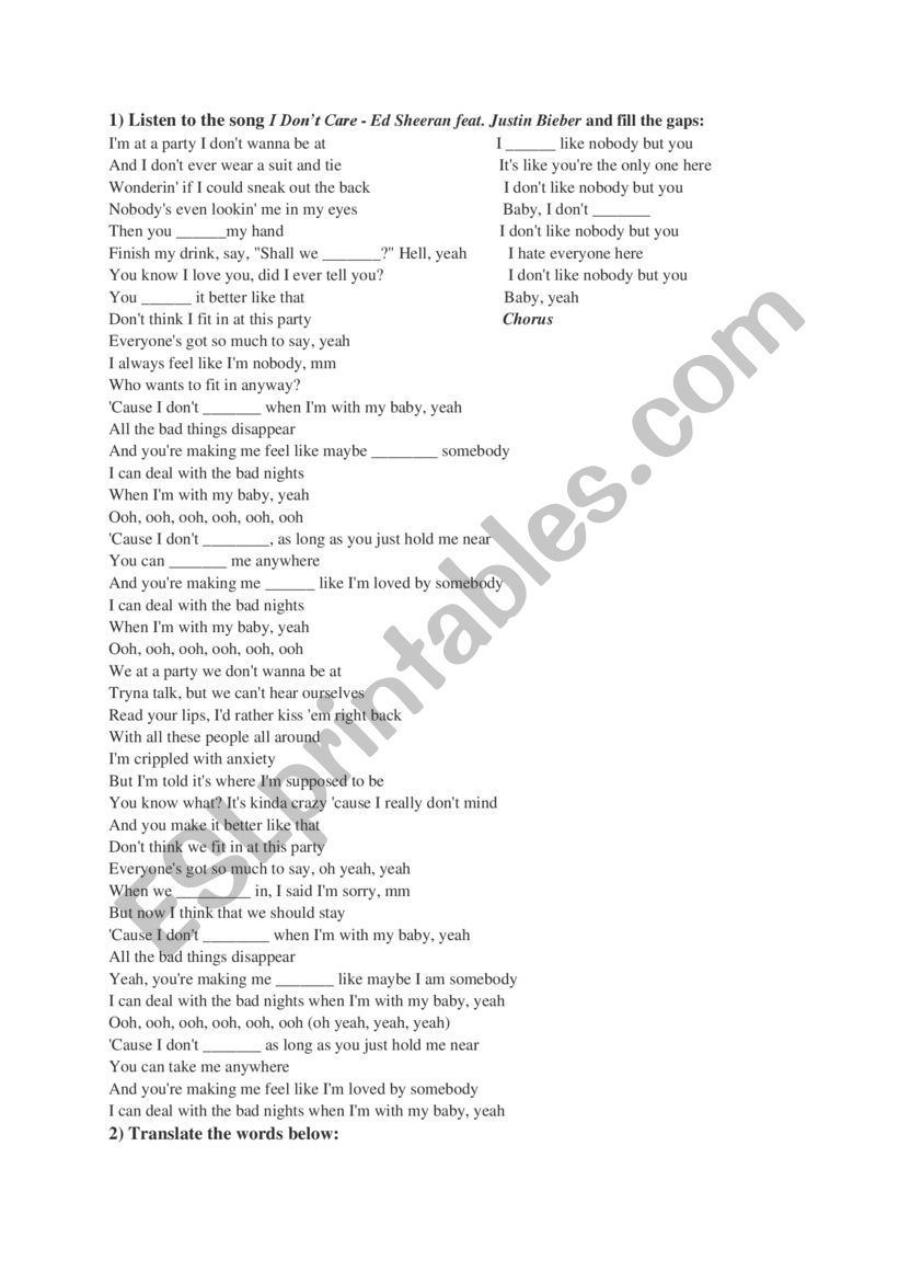 Song I donÃ¯Â¿Â½t Care (Ed Sheeran ft Justin Bieber) - Fill the gap activity