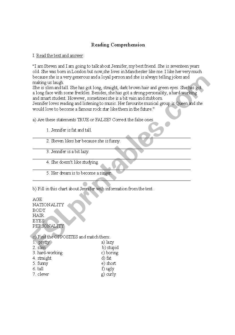 Reading Comprehension text worksheet