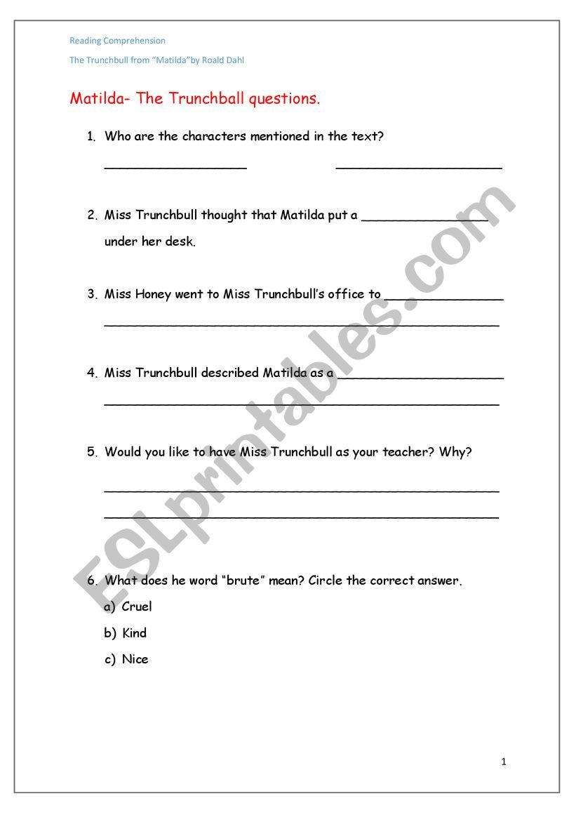 Matilda Reading Comprehension worksheet