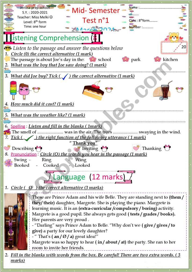 8th form test worksheet