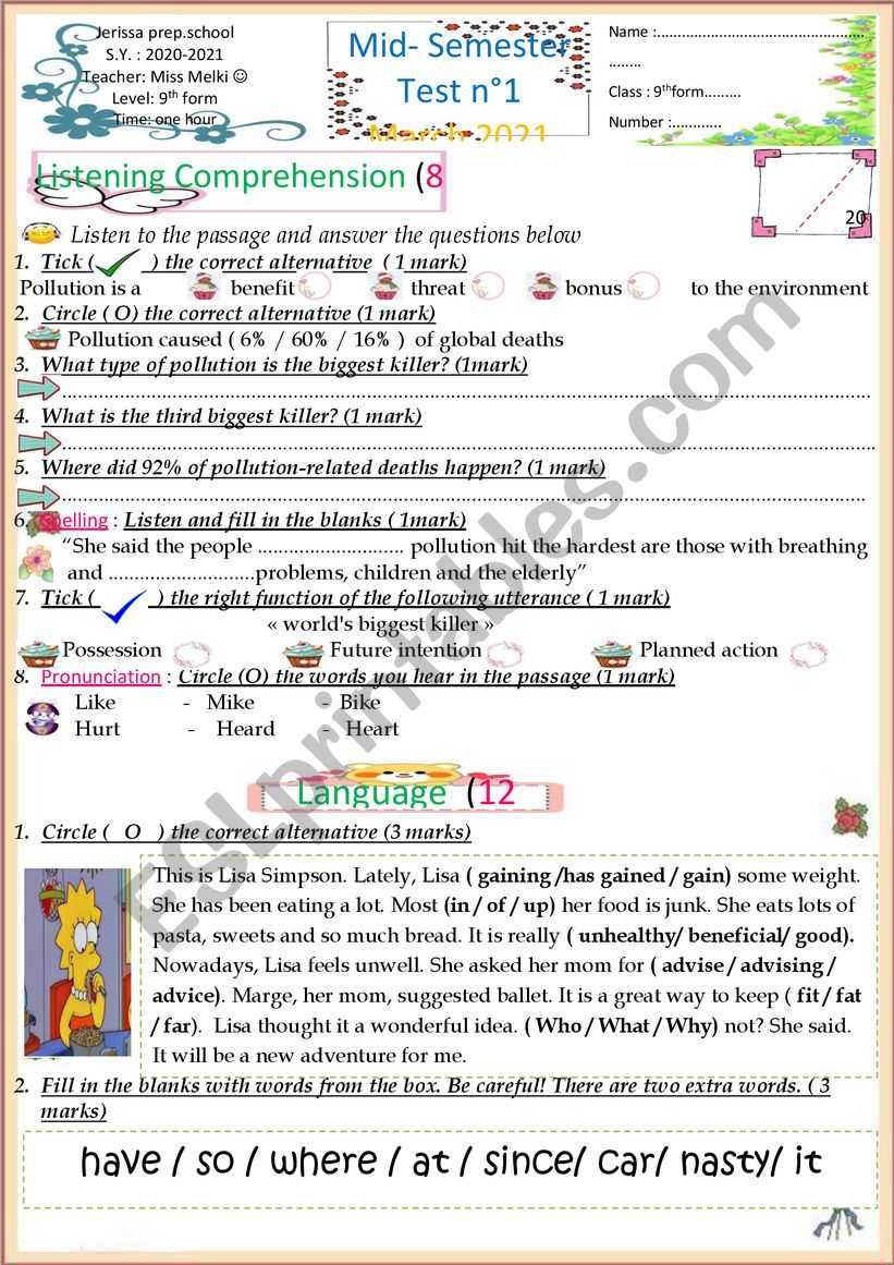 9th form test worksheet