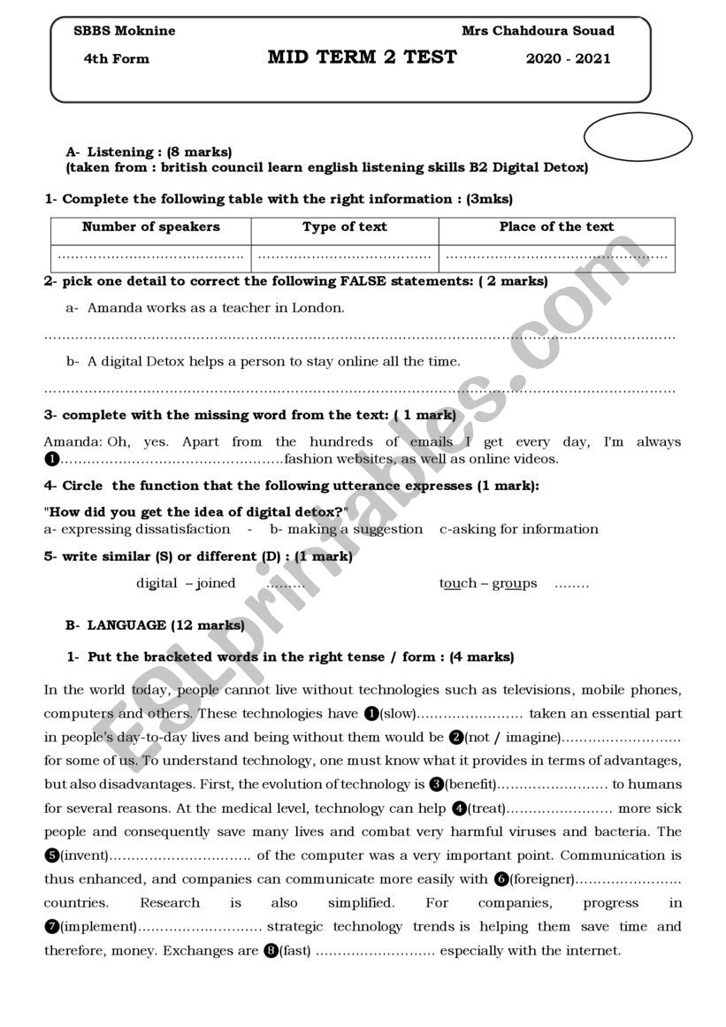 Mid Term 2 Test Bac worksheet