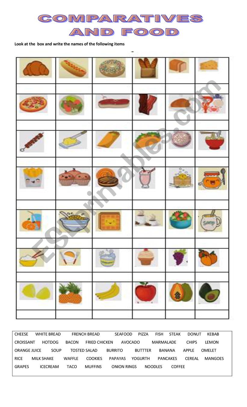 Comparatives and food worksheet
