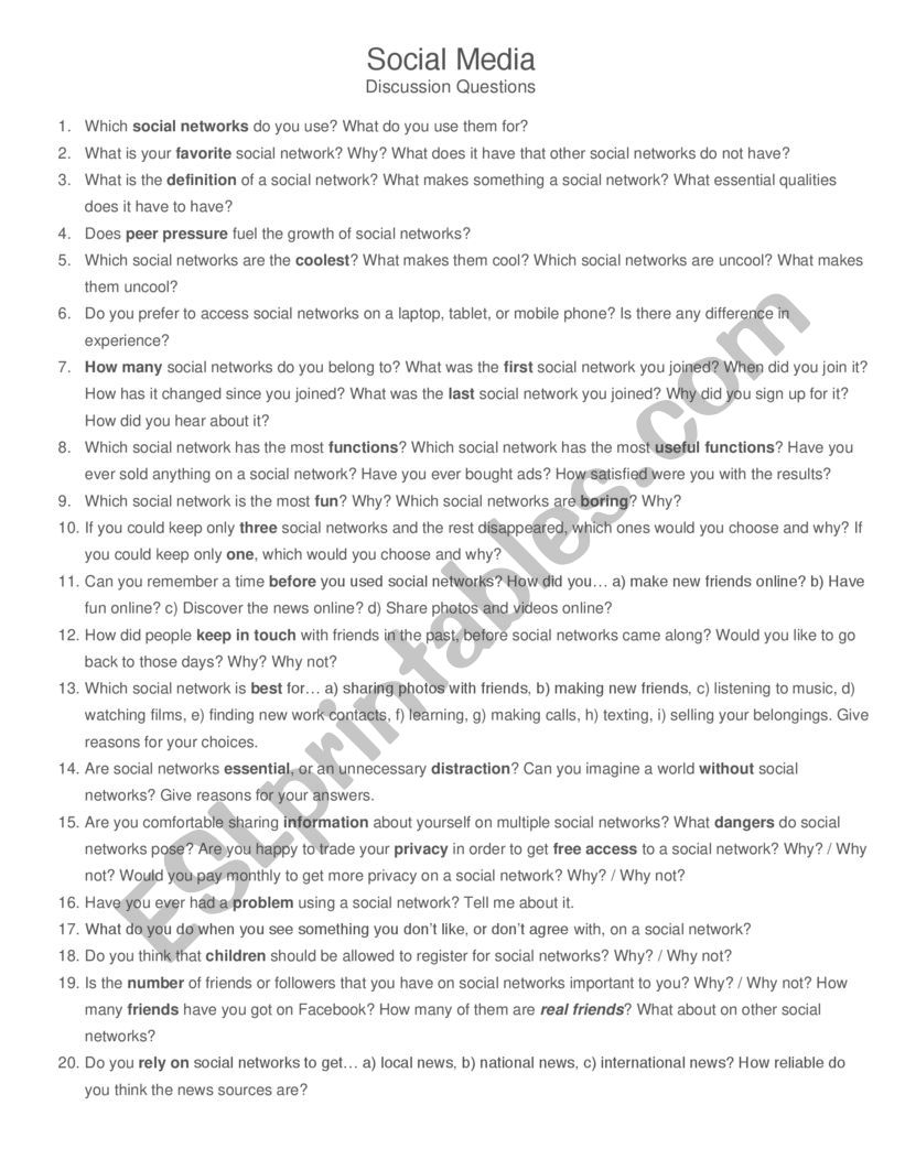 Social Media Discussion worksheet