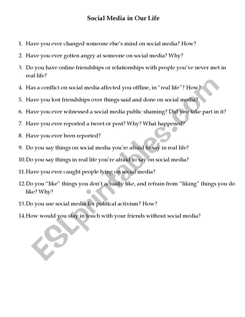 Social Media in Our Life worksheet