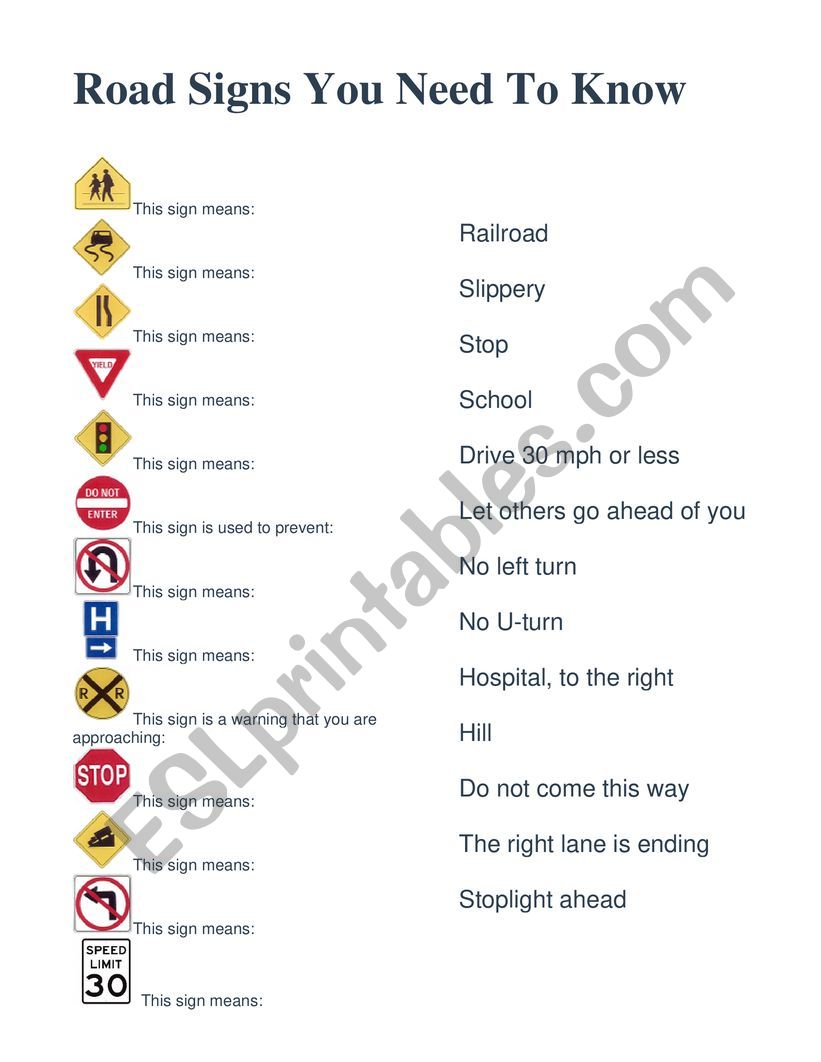 Road sign match worksheet