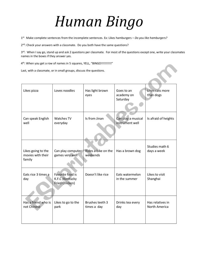 Human Bingo for yes no questions 
