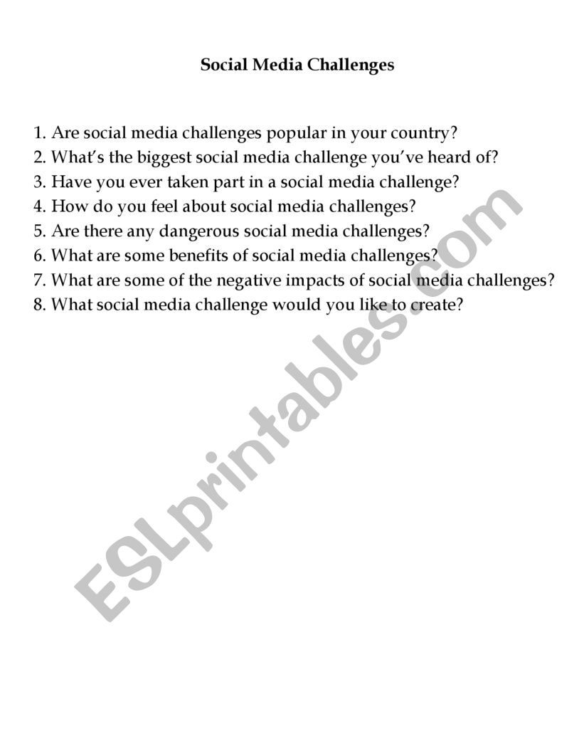 Social Media Challenges worksheet