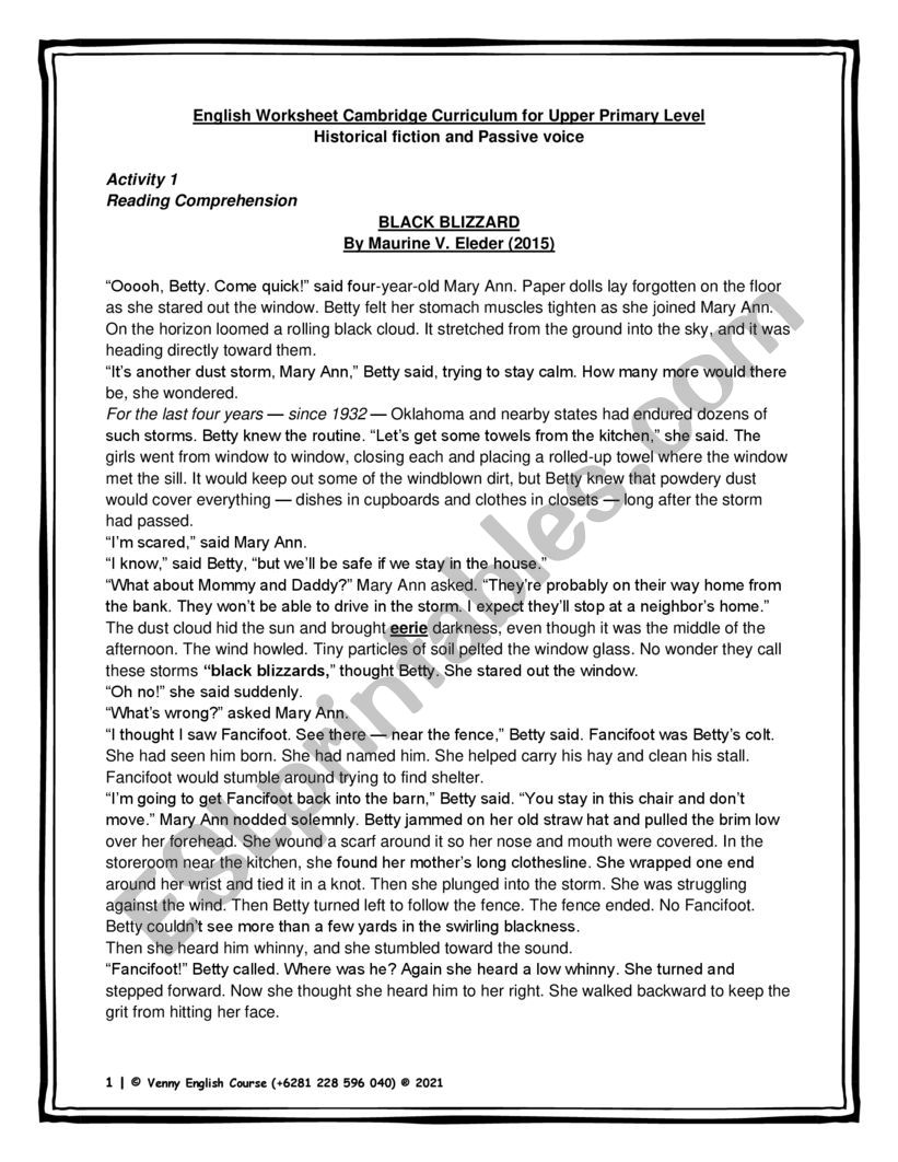 Historical Fiction - Black Blizzard and Passive voice (Simple present and past tense) worksheet