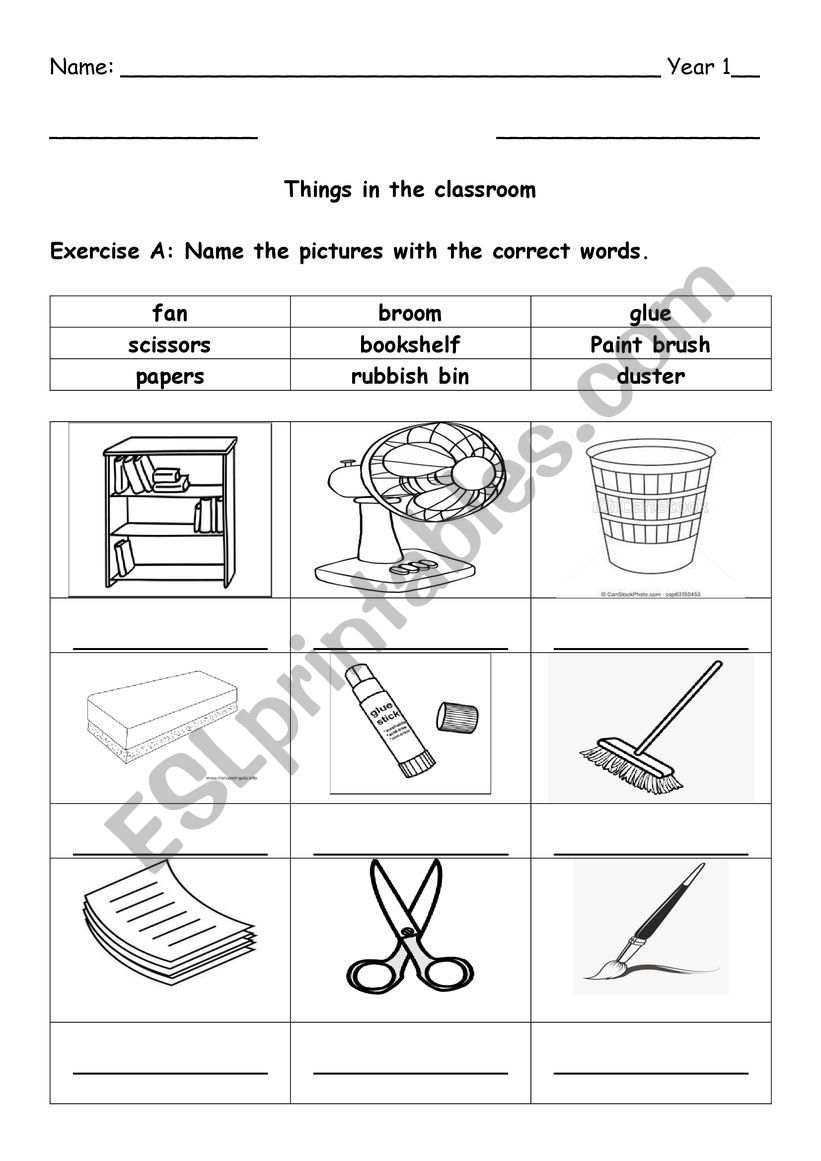 Things in the classroom worksheet