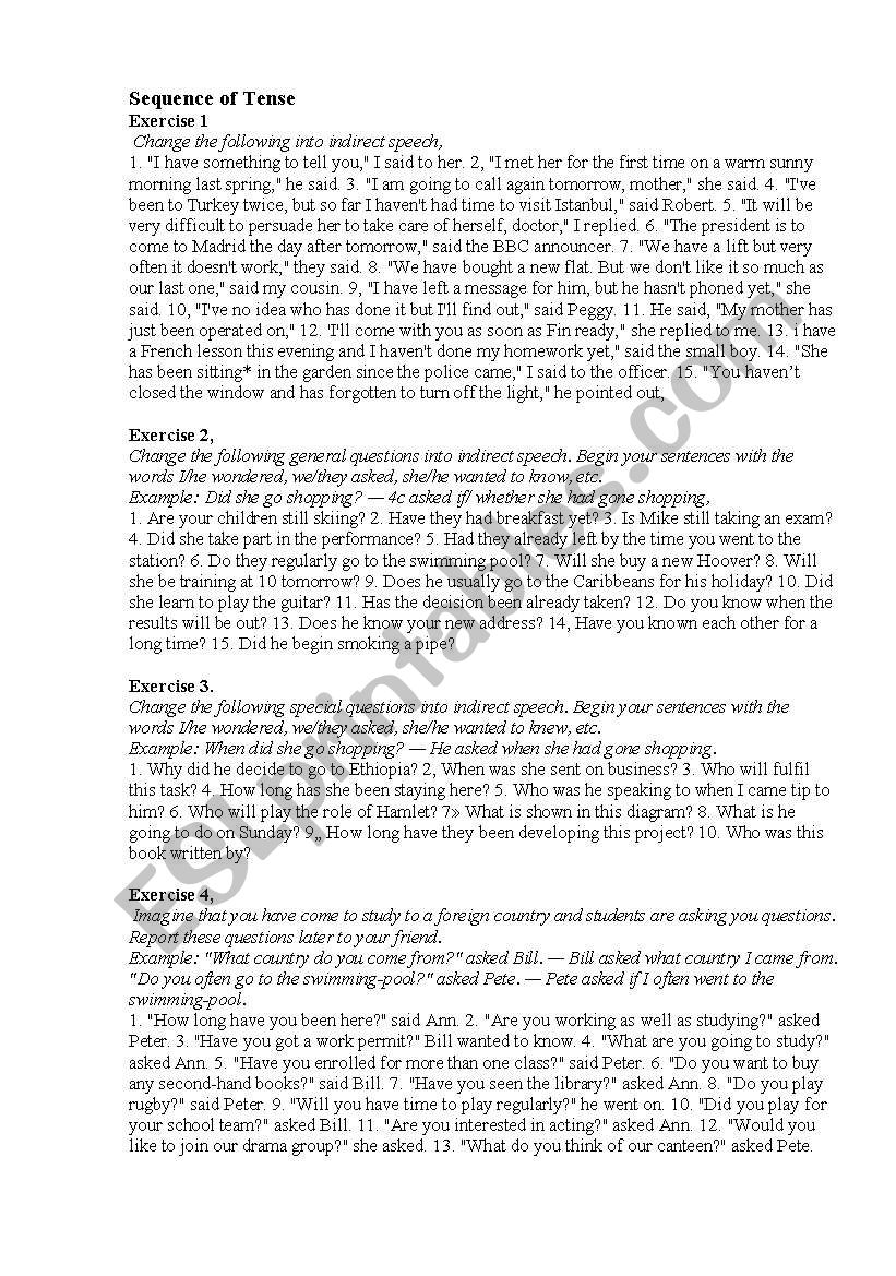 Sequence of Tense worksheet