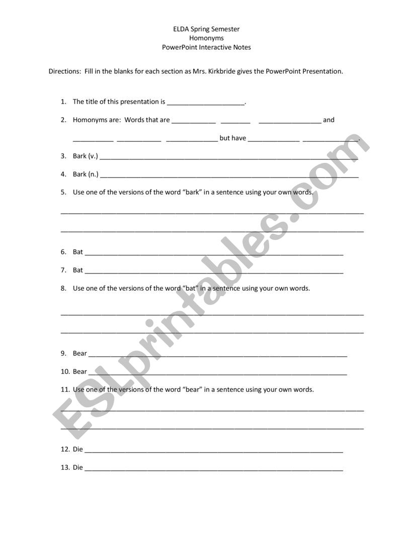 Homonyms Interactive Notes worksheet