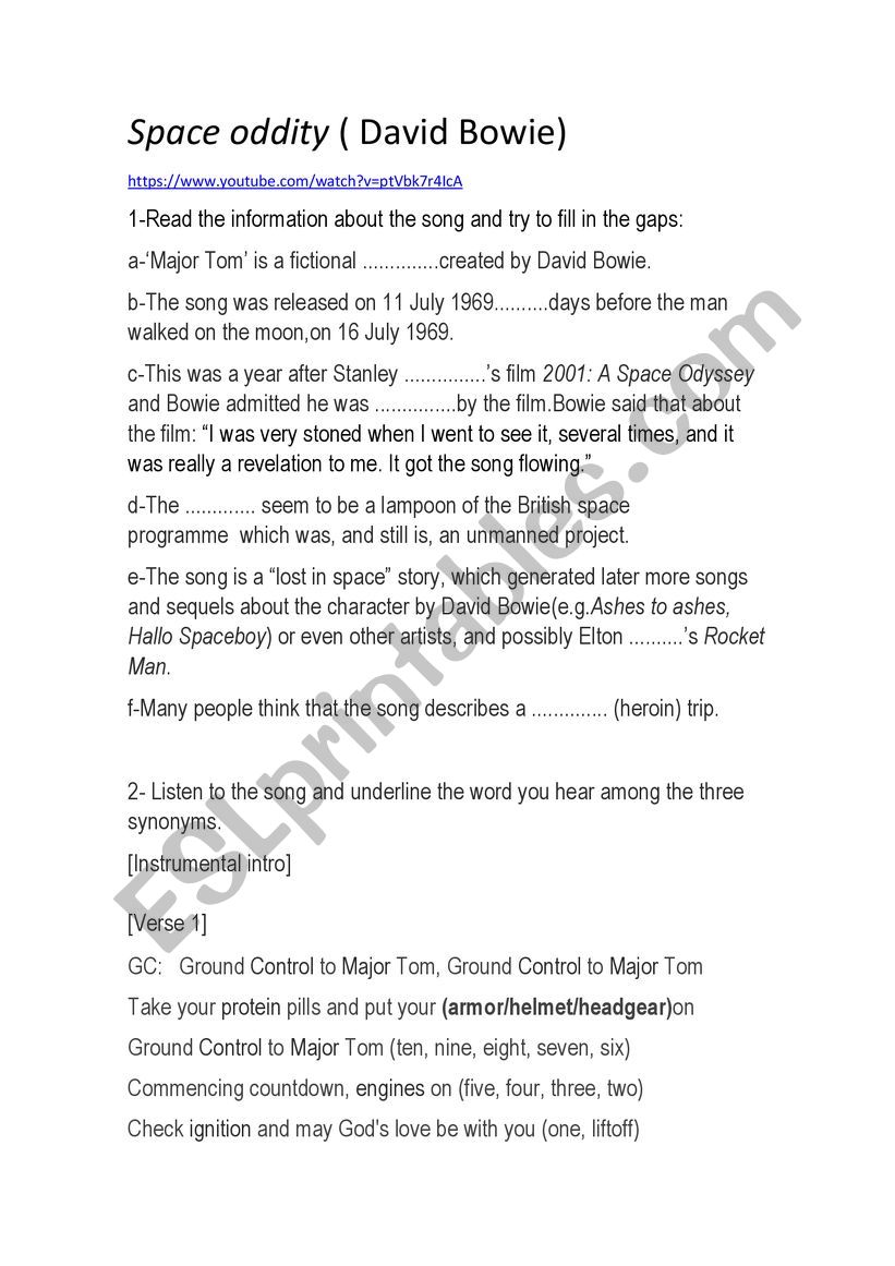 Space Oddity worksheet