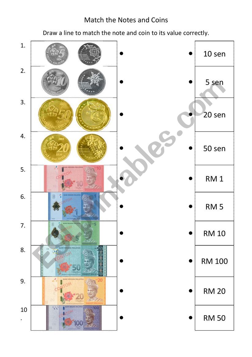 English worksheets Malaysian Ringgit and Sen