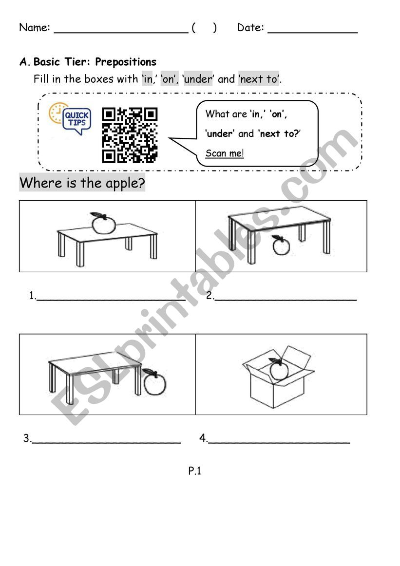 Preposition - in on under next to