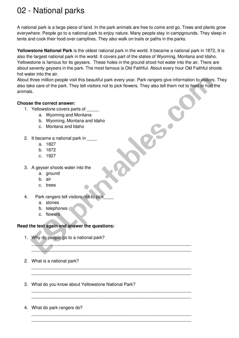 National Parks worksheet