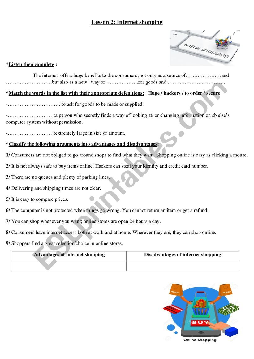 internet shopping worksheet