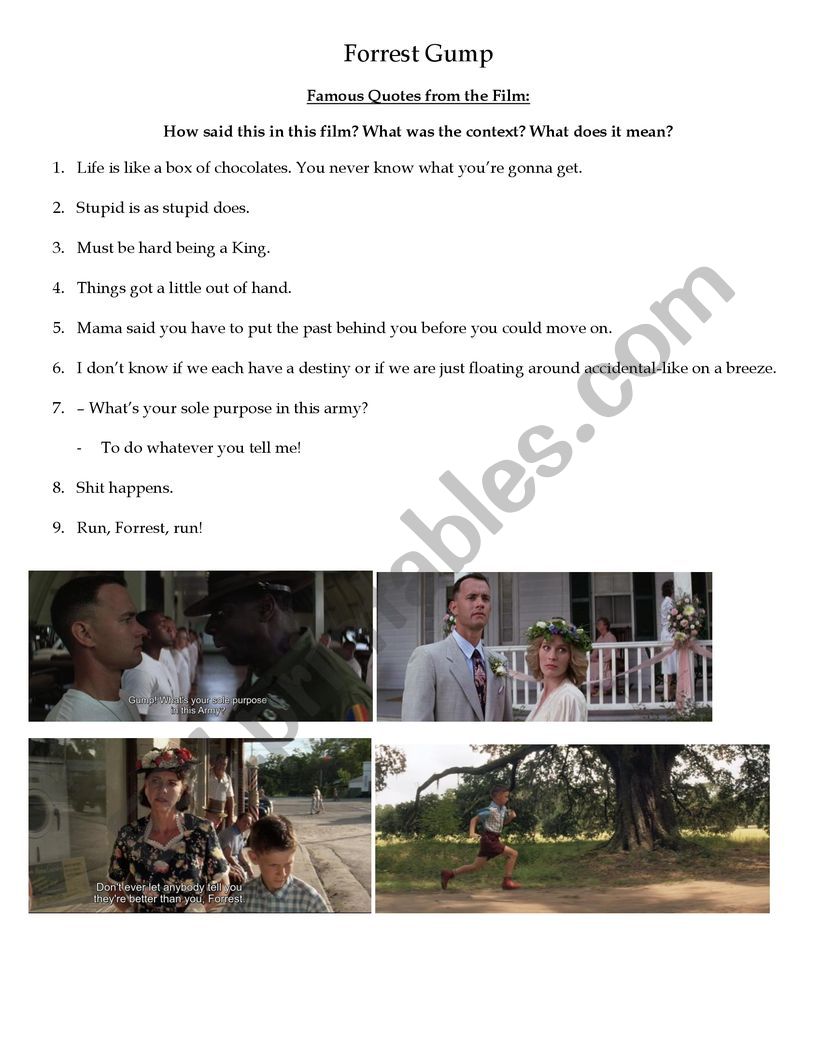 Forrest Gump Film Worksheet worksheet