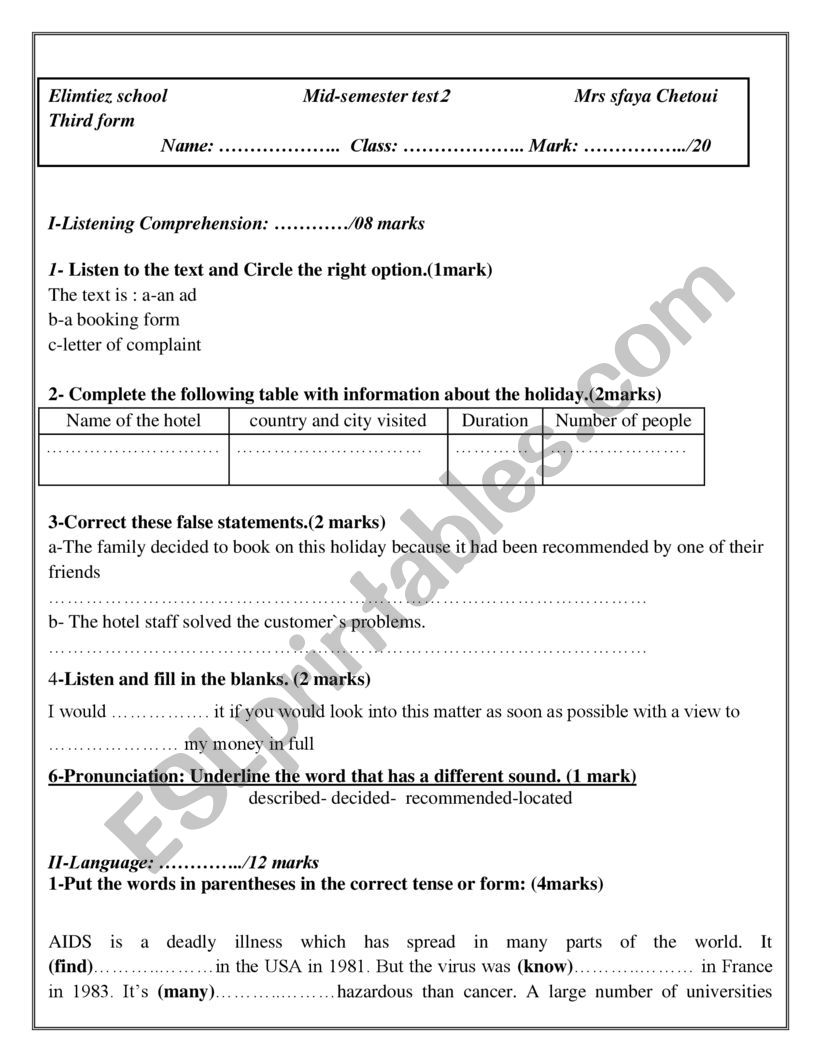 Mid semester test worksheet