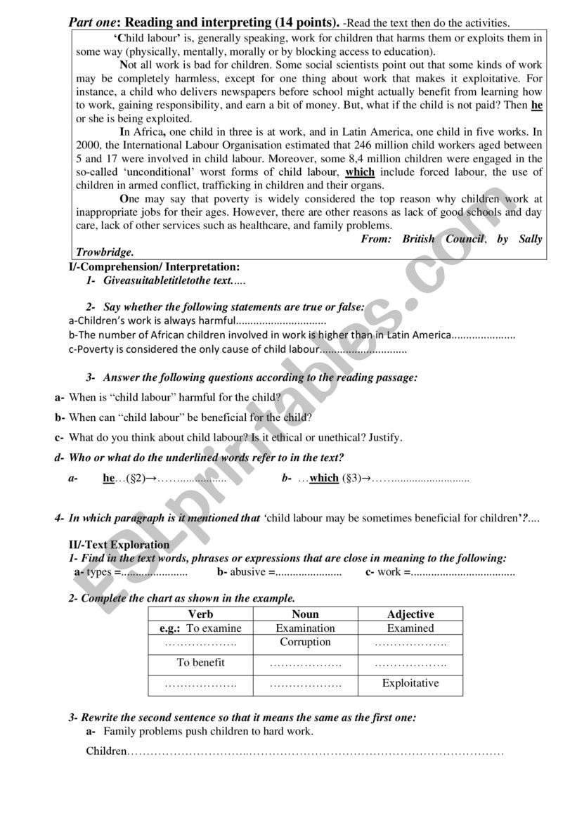 Child labour  worksheet