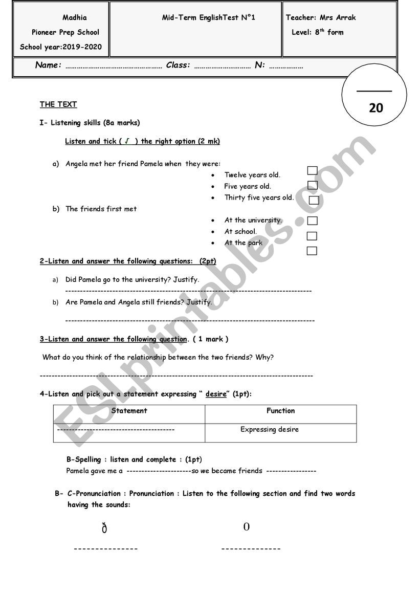 mid term test n 2 8th form worksheet