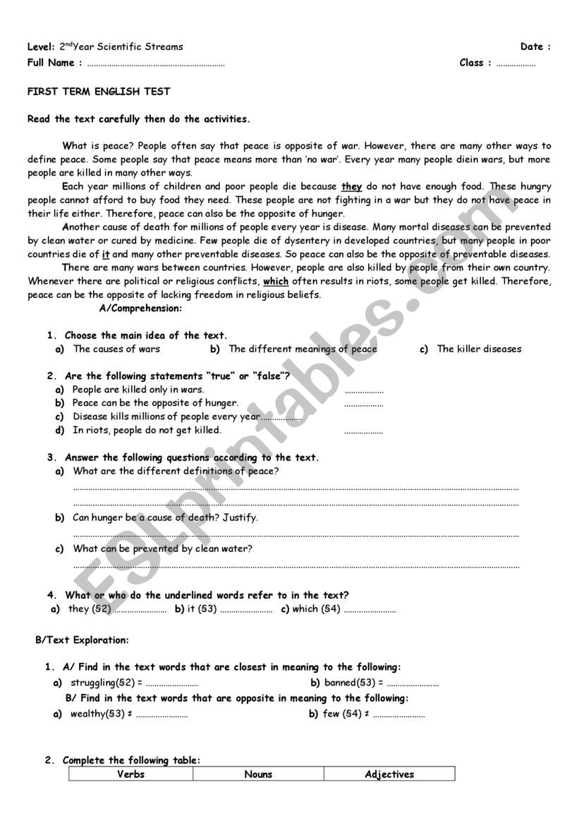 couple of english tests for 2 year level