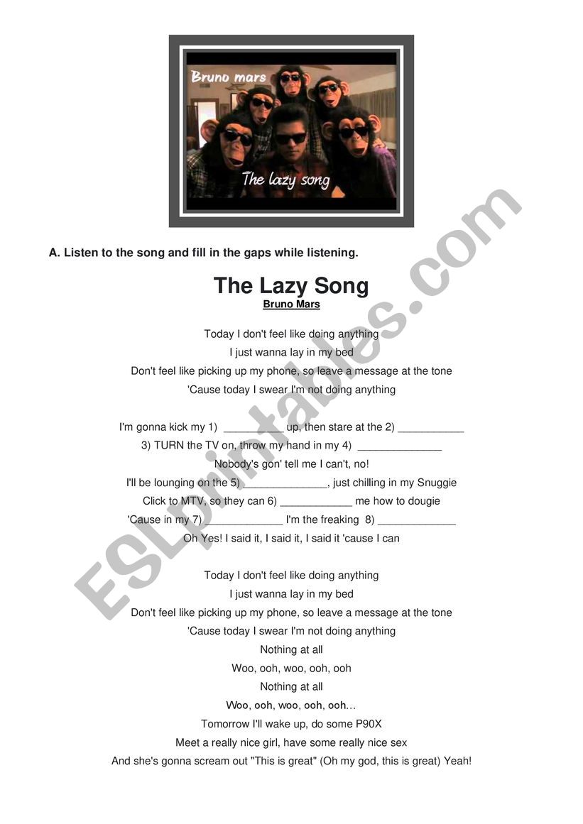 The lazy song worksheet