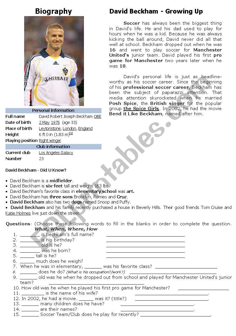 Biography (David Beckham) worksheet