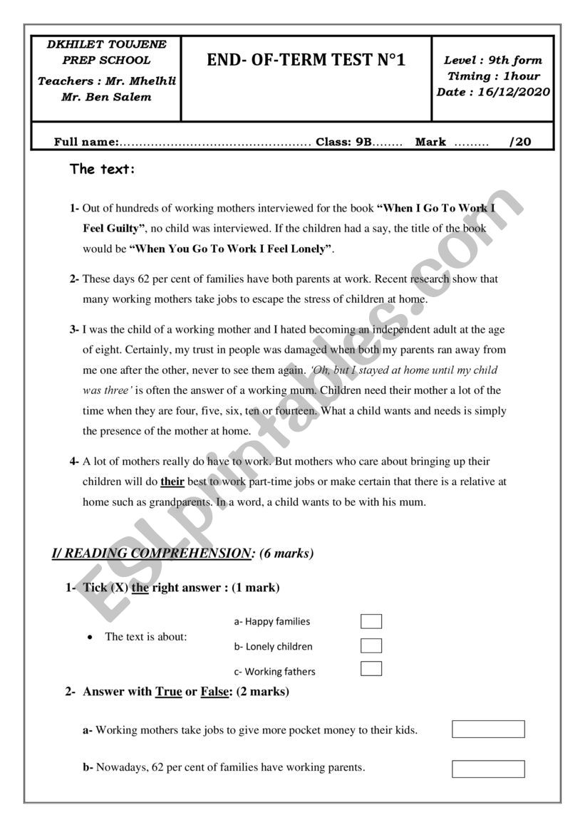 9th form end of term 1 test ver. 2