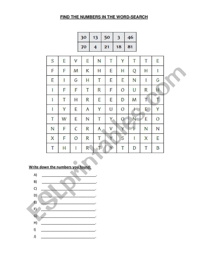 FIND THE NUMBERS IN THE WORDSEARCH 
