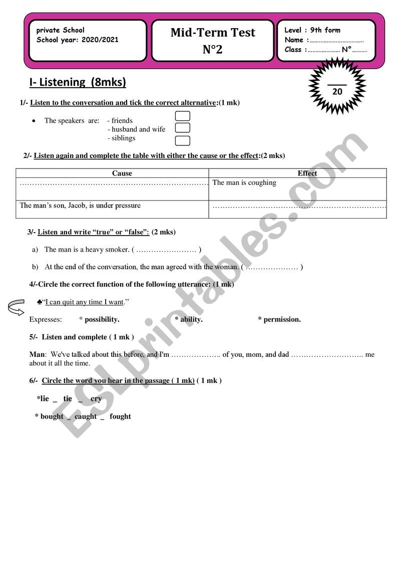Mid Semester Test N 2 9th form