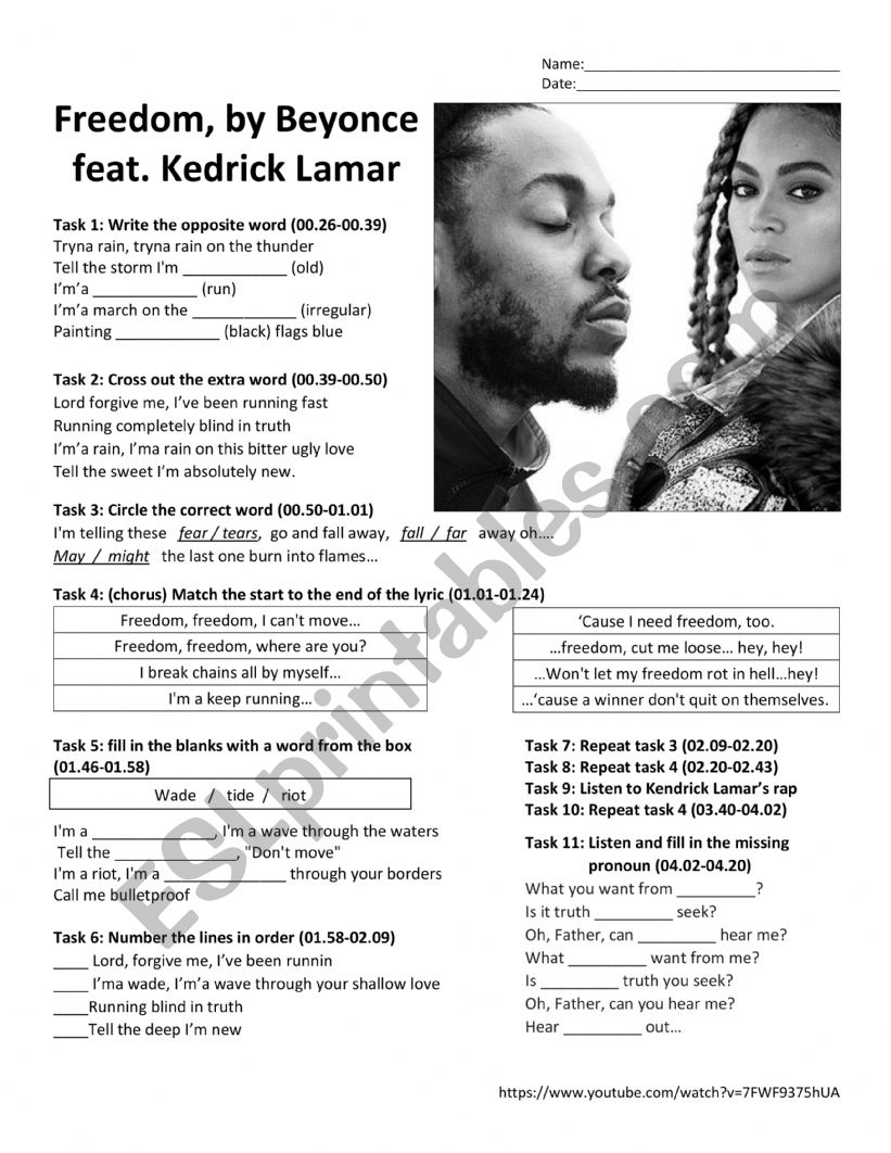 Beyonce Freedom worksheet